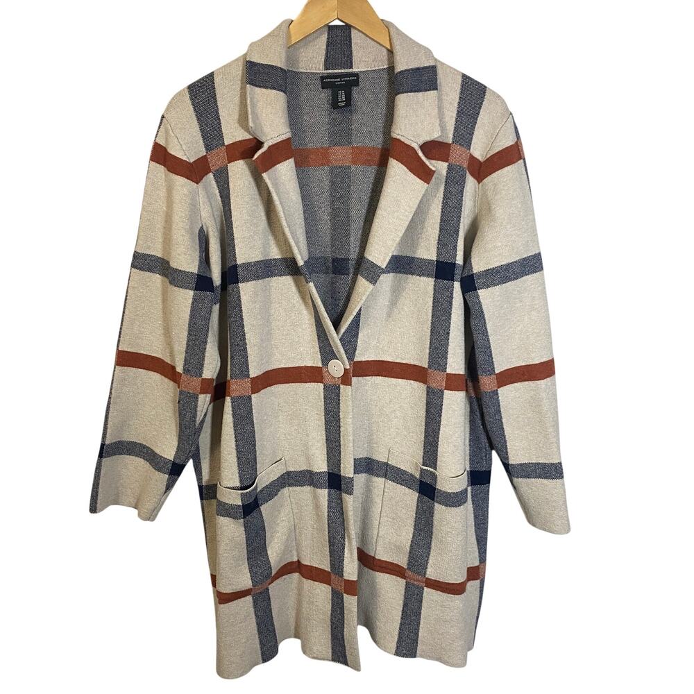 Adrienne Vittadini Plaid Knit Duster Sweater Cardigan Cream Grey Brown Sz 1X